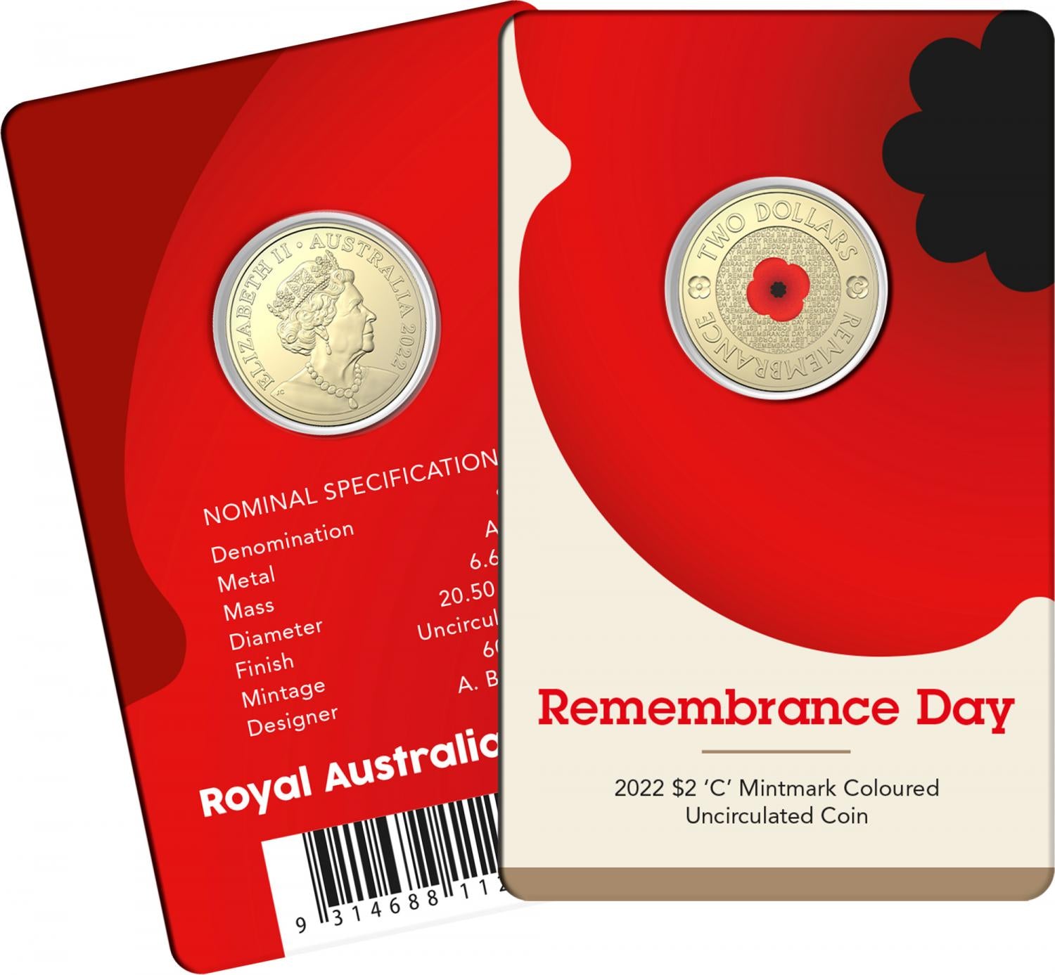 2022 UNC $2 RED POPPY C MINT CARDED COIN ANZAC REMEMBRANCE DAY FREE EXPRESS POST