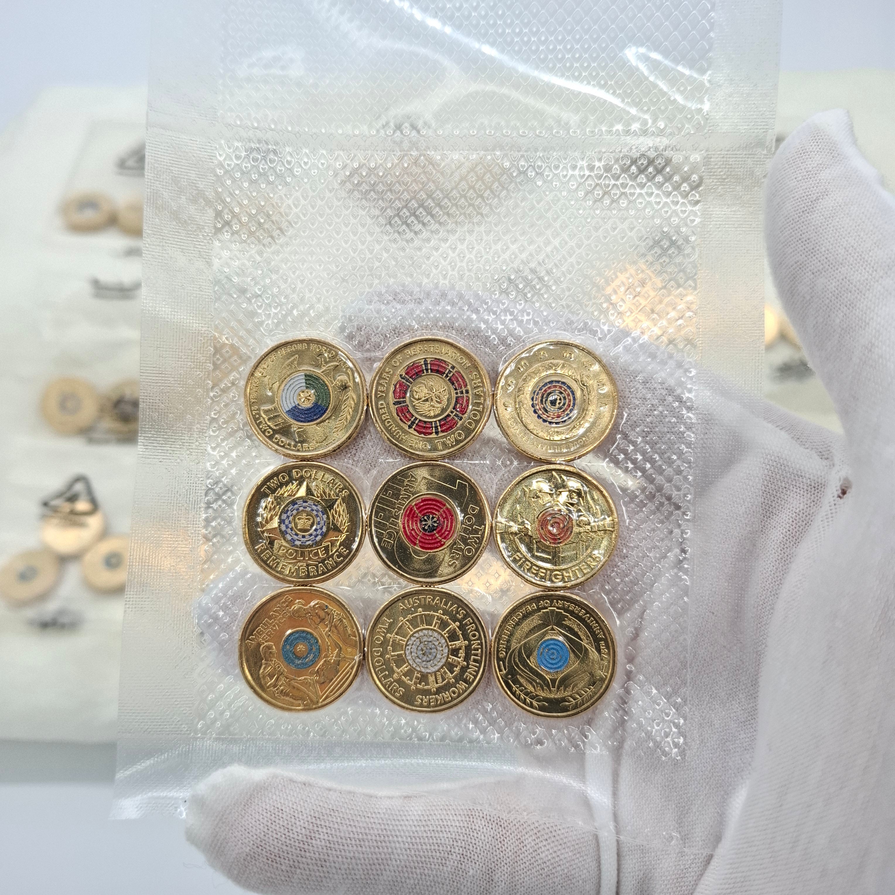 UNC 2018-2022 $2 Coloured two dollar coin pack Queen effigy ex ram bag (9 Coins)