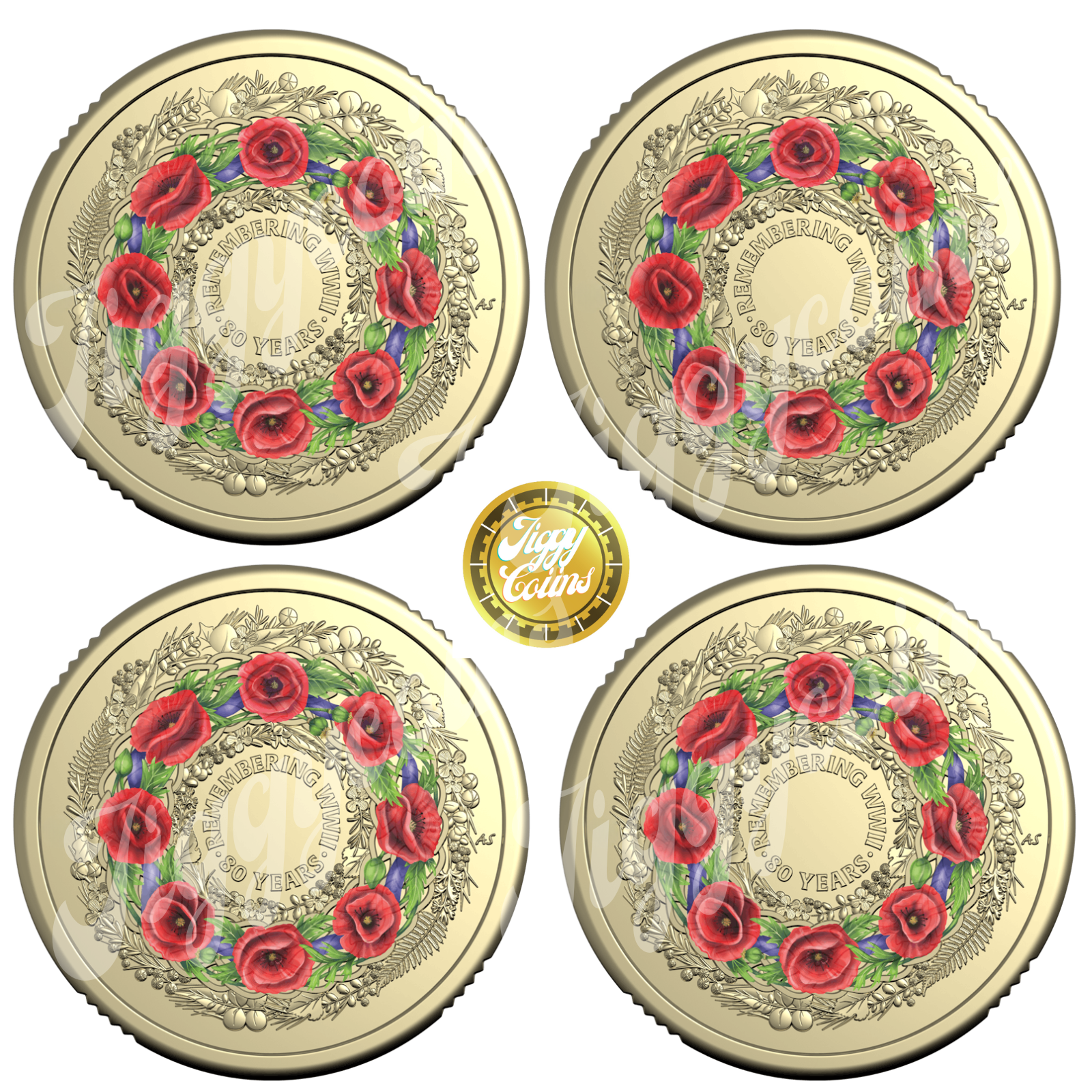 UNC Set of 4 x 2025 $2 Remembrance 80th Anniversary of End WWII Coloured Coin