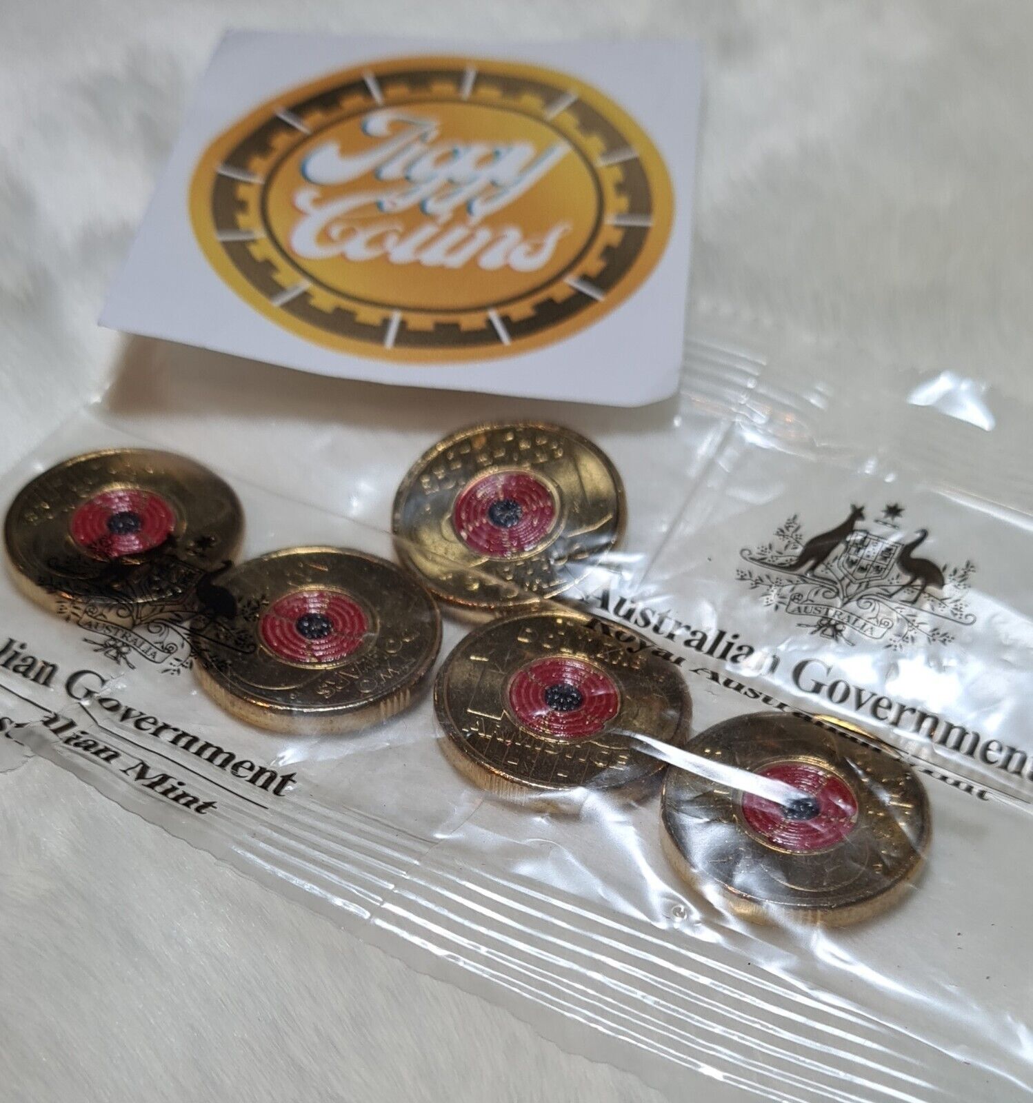 UNC 2018 $2 ARMISTICE RAM BAG TWO DOLLAR RARE COLOURED COIN - (5 COINS)