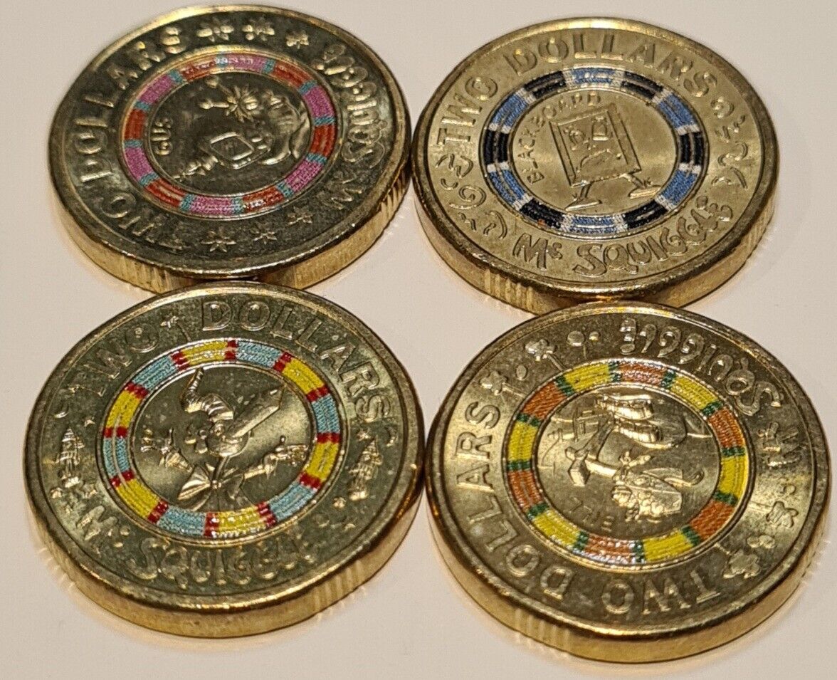 7x 2019 COLOURED COINS $2 SET - MR SQUIGGLE , REPATRIATION, POLICE, WALLABIES