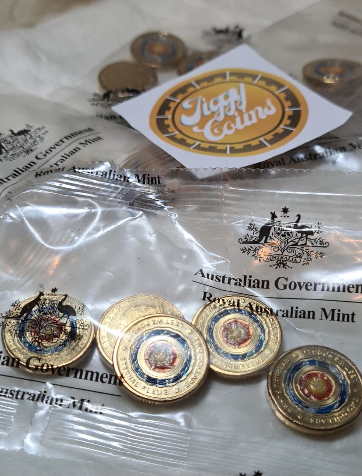 UNC 2018 $2 ETERNAL FLAME RAM BAG TWO DOLLAR RARE COLOURED COIN - (5 COINS)