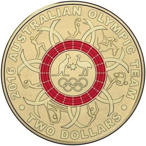2016 $2 RED RIO OLYMPIC RING AUSTRALIAN TWO DOLLAR COLOURED COIN QUEEN RARE CIRC
