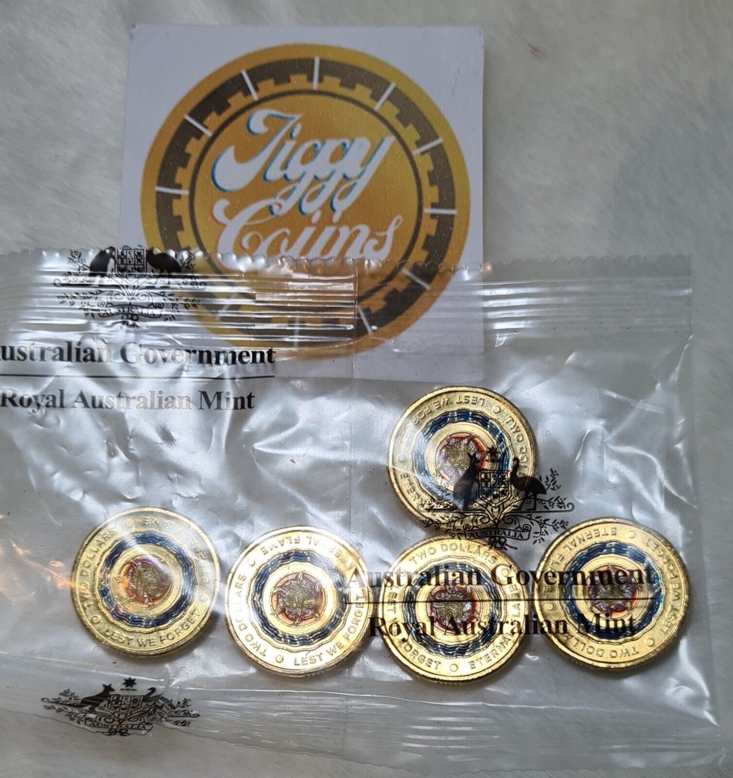 UNC 2018 $2 ETERNAL FLAME RAM BAG TWO DOLLAR RARE COLOURED COIN - (5 COINS)