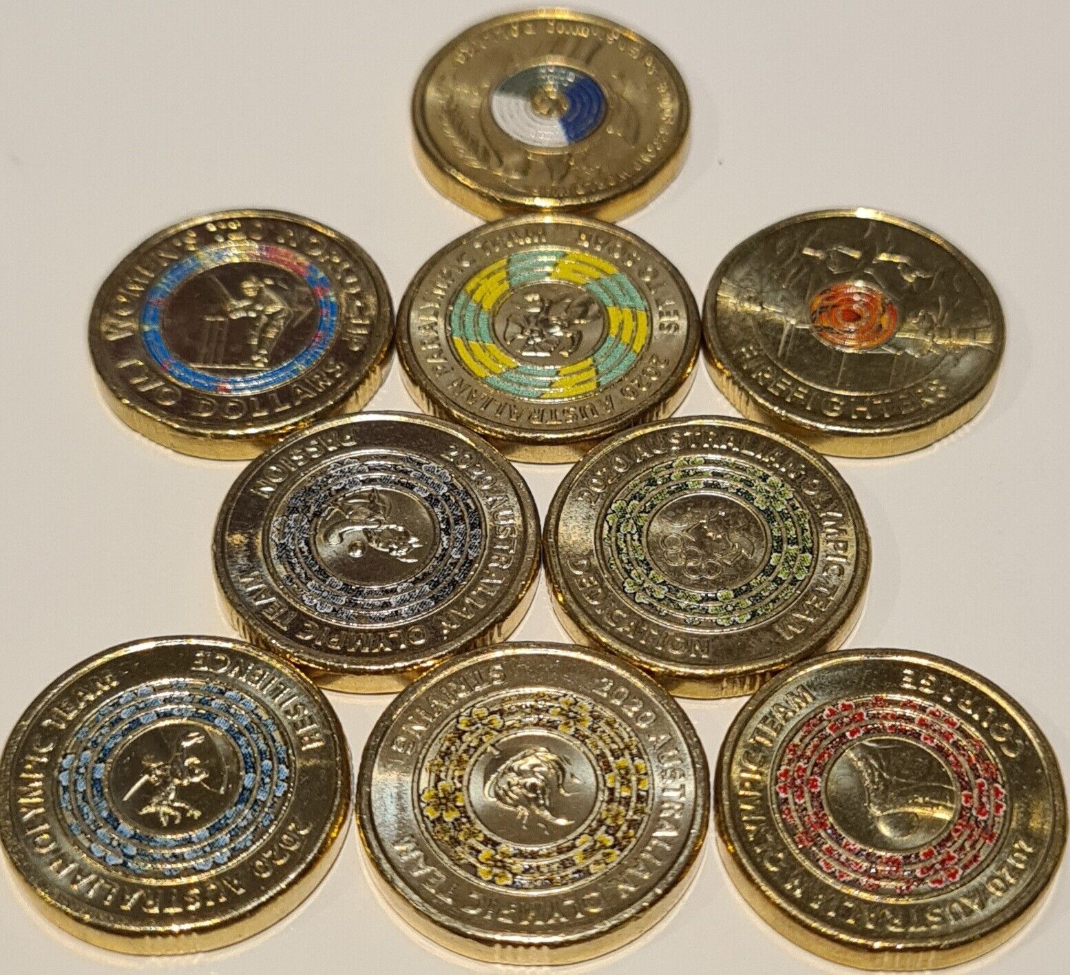 9x 2020 ALL AUS COLOURED $2 DOLLAR COIN SET- END OF WW2, TOKYO OLYMPIC, T20, FF