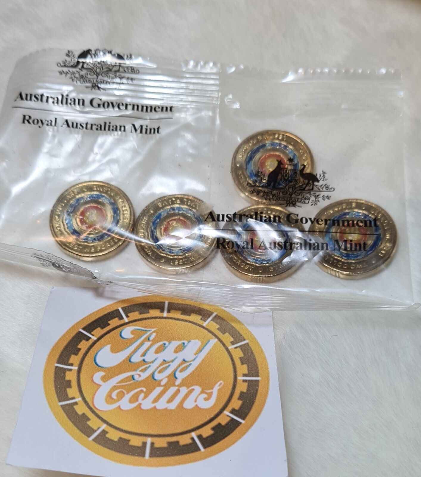 UNC 2018 $2 ETERNAL FLAME RAM BAG TWO DOLLAR RARE COLOURED COIN - (5 COINS)