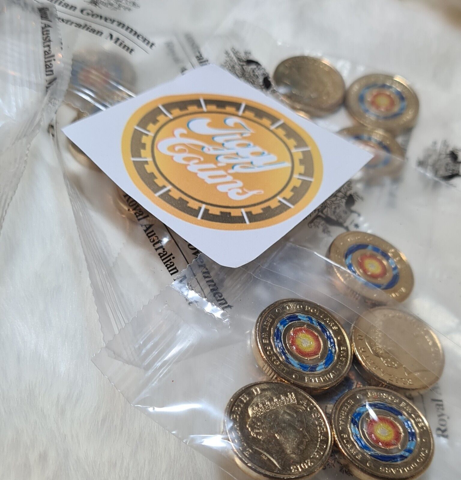 UNC 2018 $2 ETERNAL FLAME RAM BAG TWO DOLLAR RARE COLOURED COIN - (5 COINS)