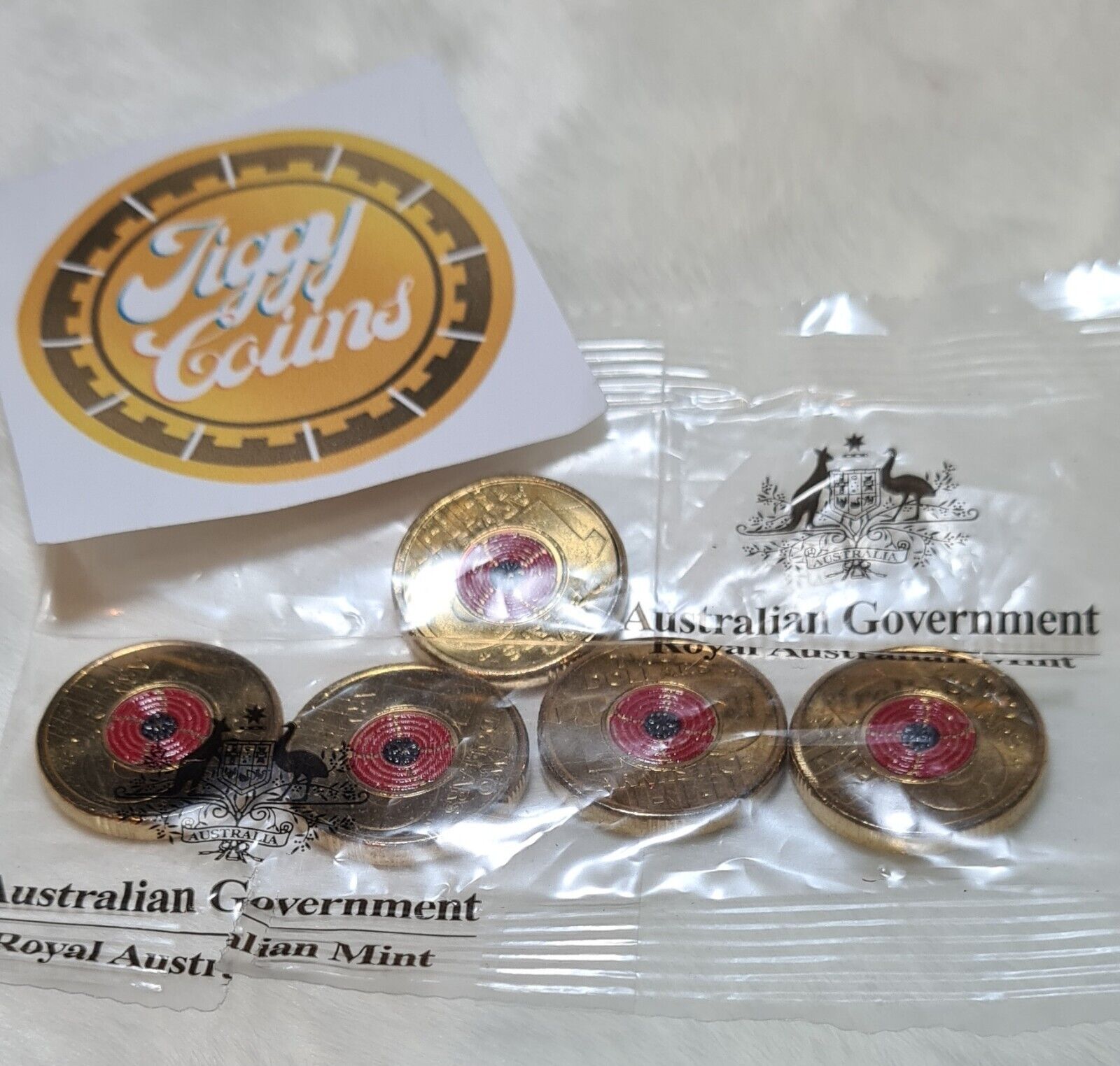 UNC 2018 $2 ARMISTICE RAM BAG TWO DOLLAR RARE COLOURED COIN - (5 COINS)