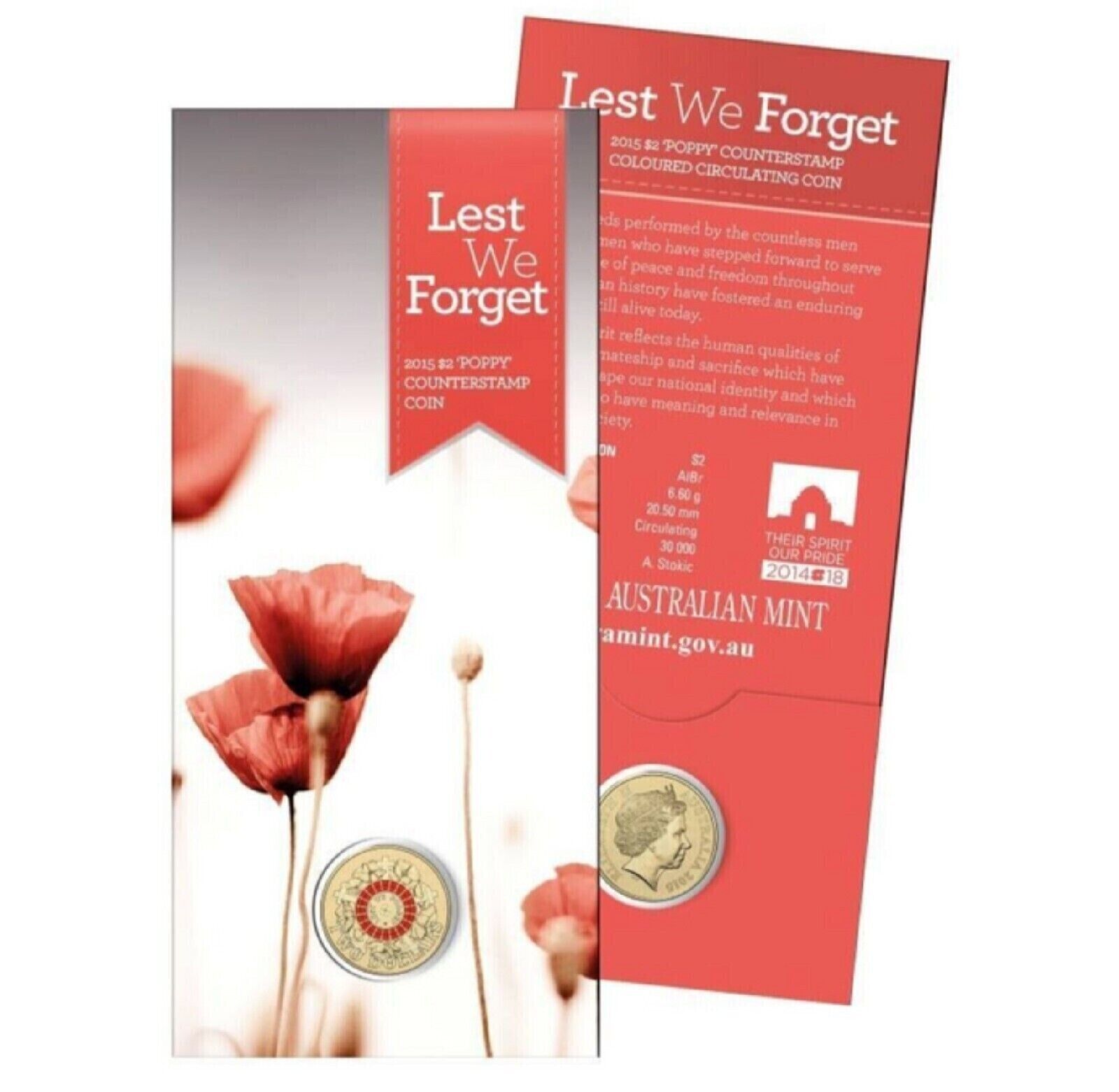 UNC 2015 $2 Lest We Forget Counterstamp Poppy Coin War Graves In Card RAM RARE!