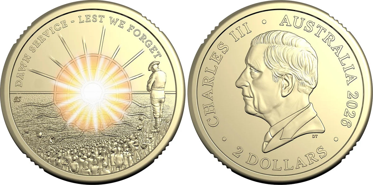 UNC 2026 $2 DAWN SERVICE LEST WE FORGET COLOURED TWO DOLLAR 5 COIN RAM BAG