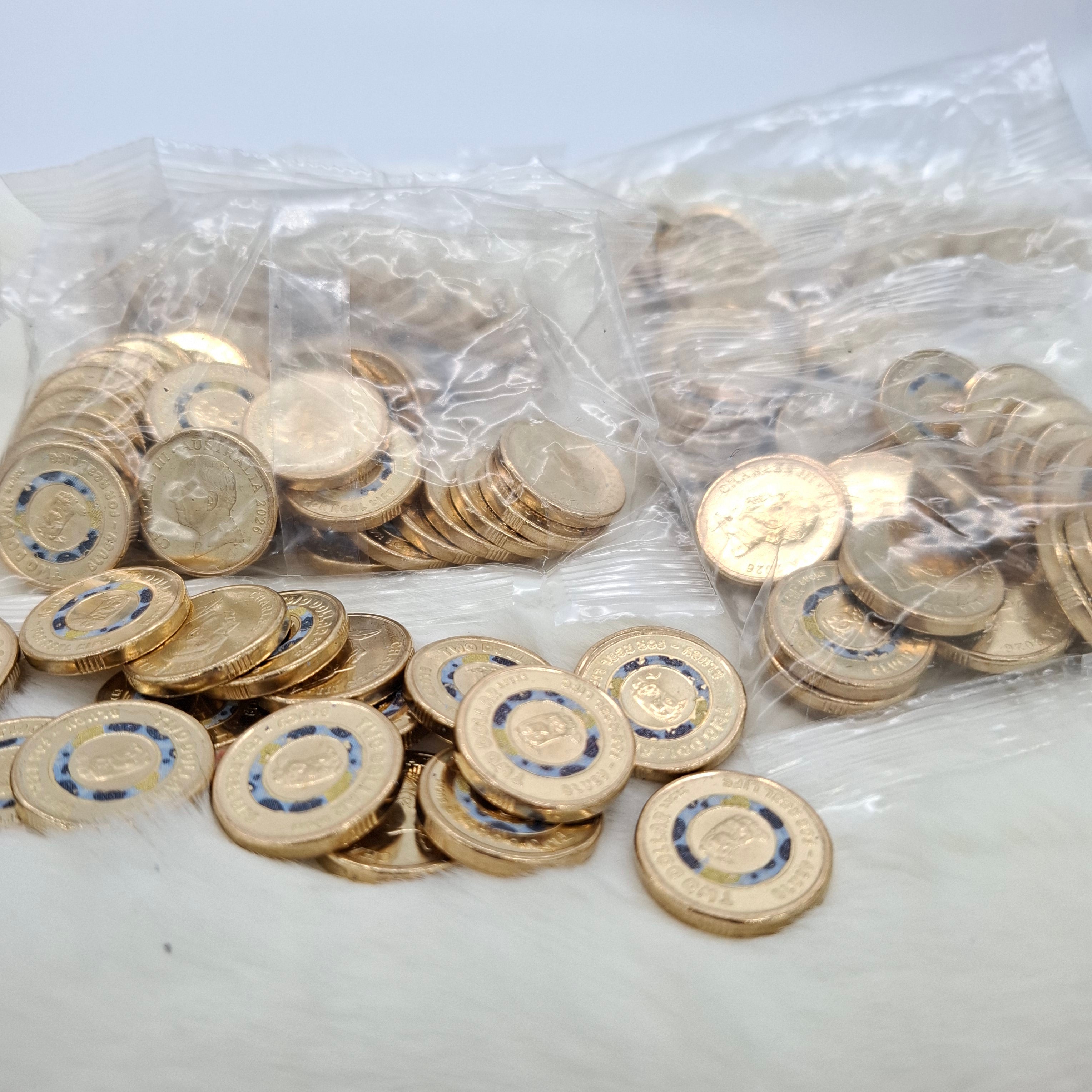UNC 2026 Bluey Bingo Set of 2 Coloured Coins Bucks Two Dollar Blue $2 ex bag