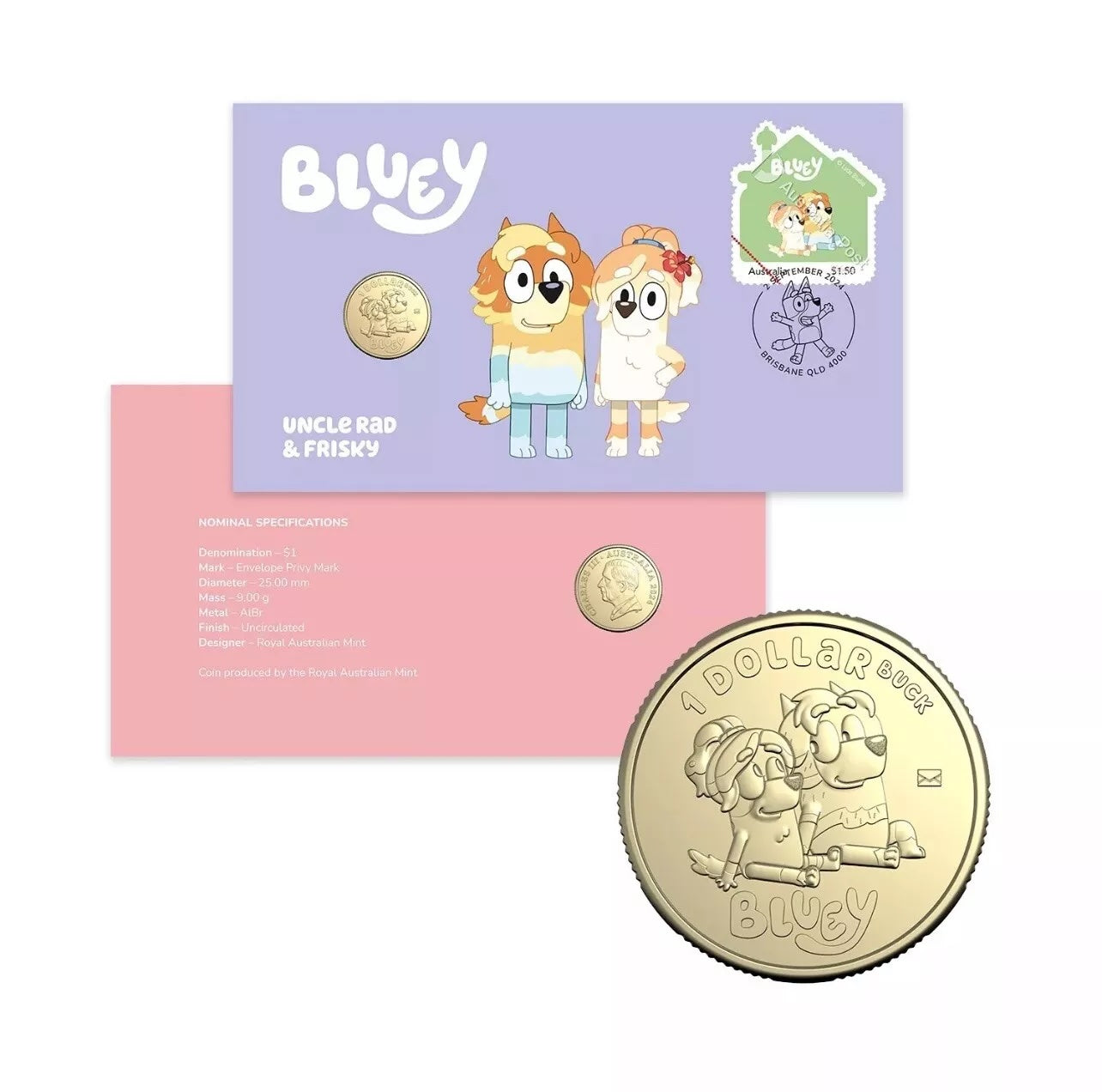 2024 Bluey PNC $1 Postal Numismatic Cover Uncle Rad & Frisky