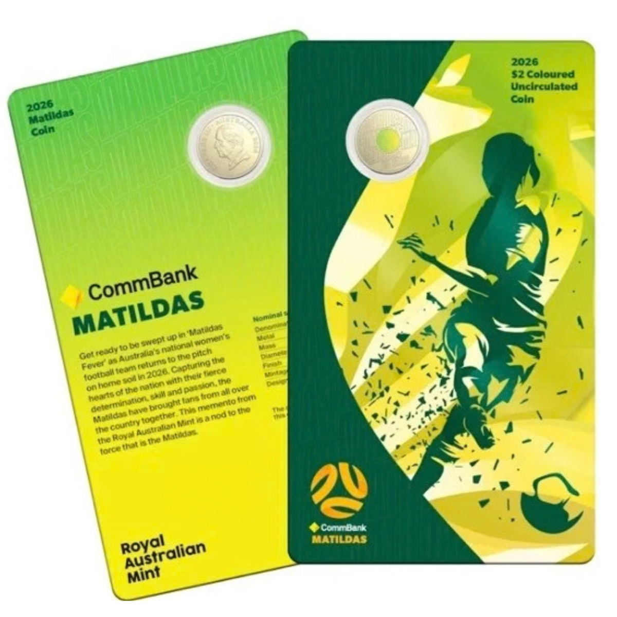 2026 $2 Matildas Green & Gold Coloured Carded Coin Australian two dollar