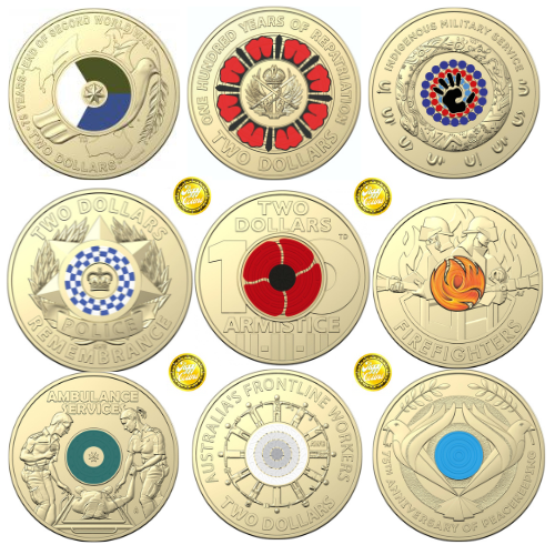 UNC 2018-2022 $2 Coloured two dollar coin pack Queen effigy ex ram bag (9 Coins)