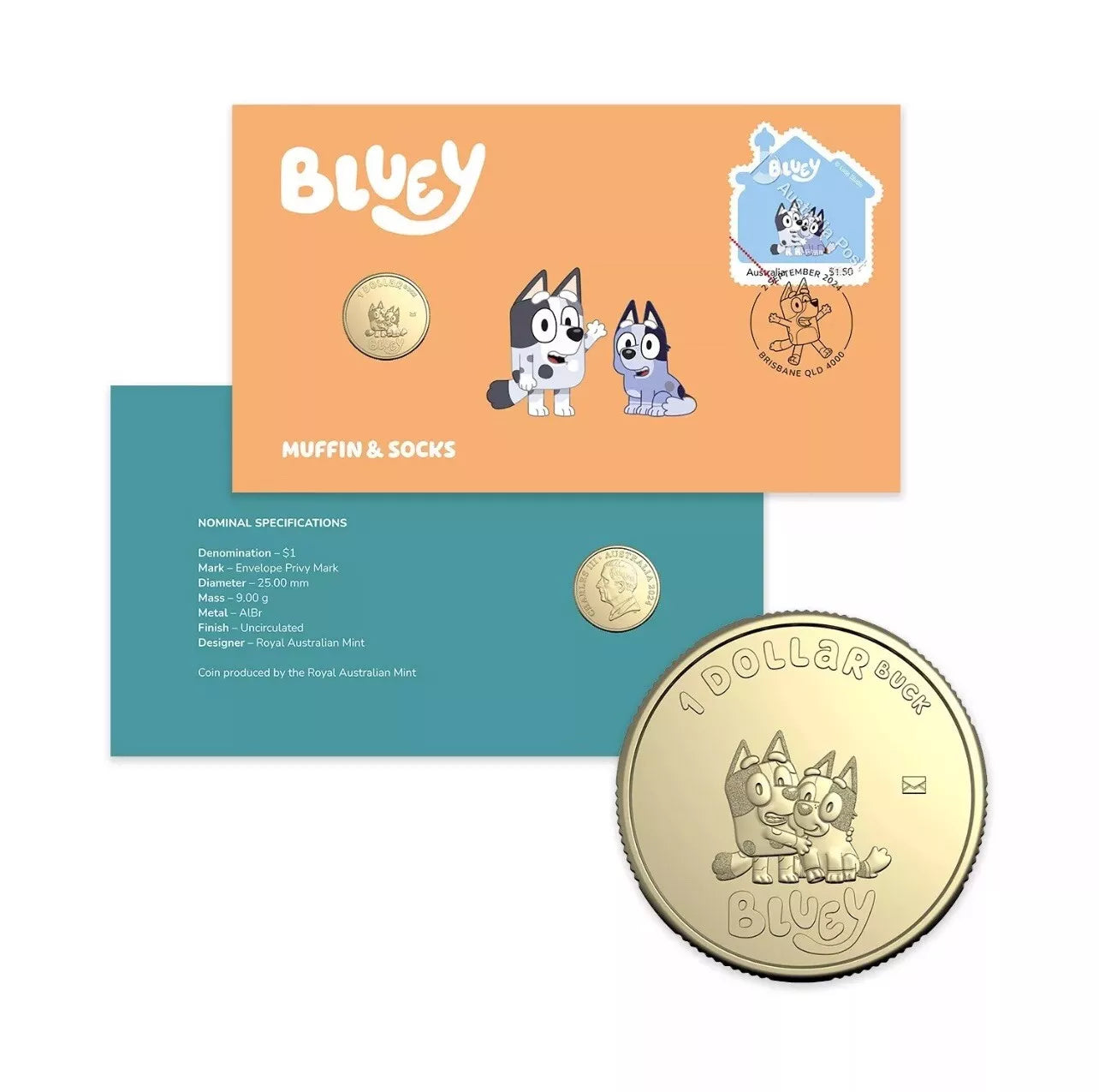 2024 Bluey PNC $1 Postal Numismatic Cover MUFFIN & SOCKS