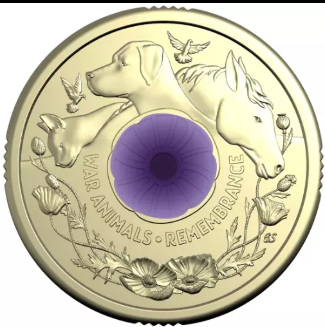 UNC $2 2024 Purple Poppy Animal War Remembrance two dollar RAM BAG 5 coins