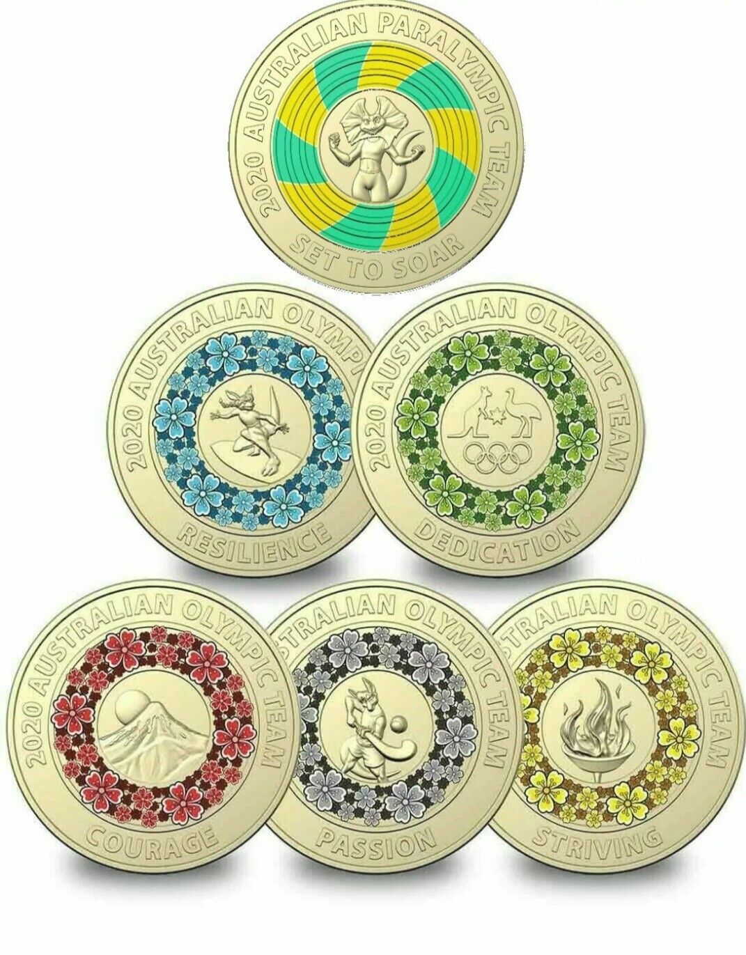 9x 2020 ALL AUS COLOURED $2 DOLLAR COIN SET- END OF WW2,  TOKYO OLYMPIC, T20, FF