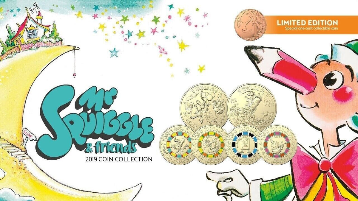 2019 MR SQUIGGLE AND FRIENDS FOLDER 7 UNC $2 & $1 Coin Collection Set